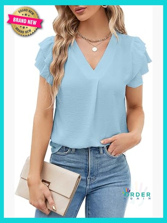 Tops - Flutter Sleeve V-Neck Blouse Lightweight Stretch Fabric Business Casual Tops